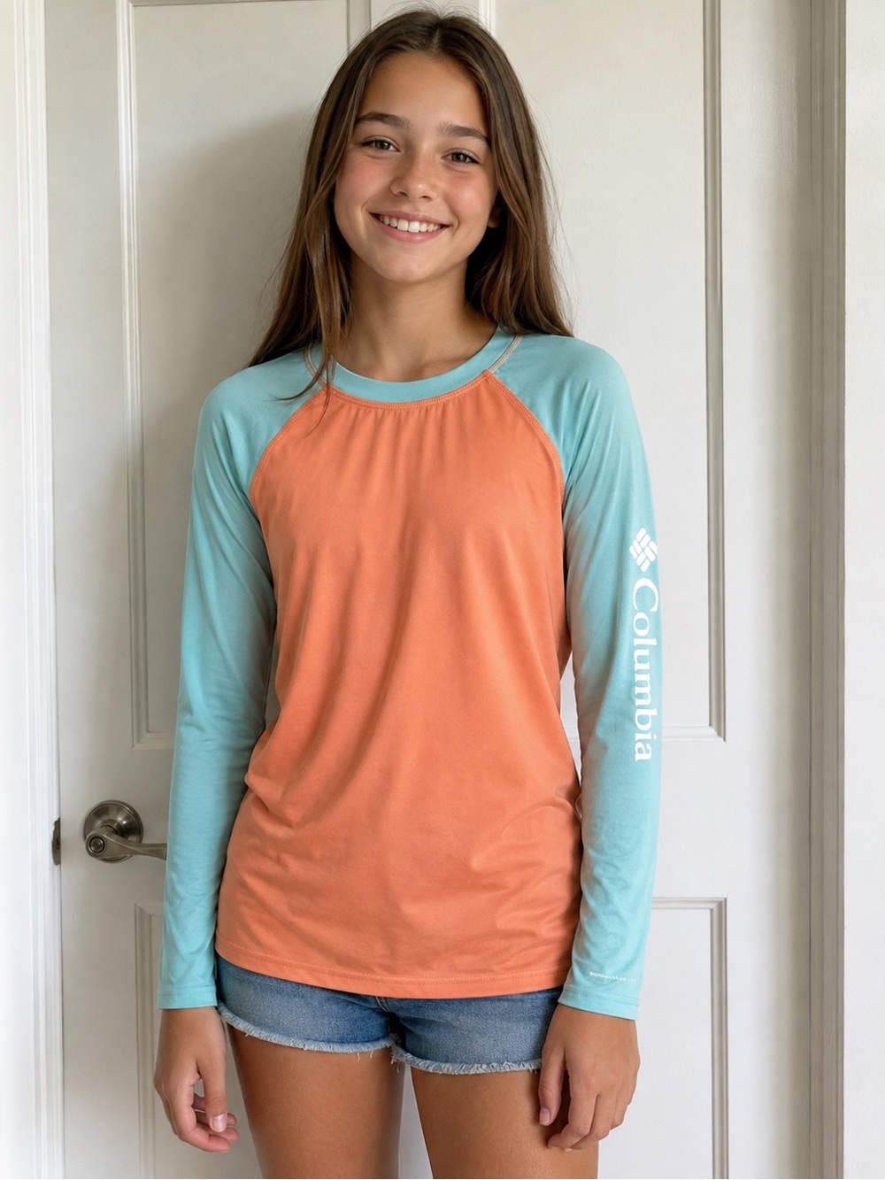 Columbia Girls' Long Sleeve Raglan Shirt - Coral Orange & Aqua, sun shirt, NWT